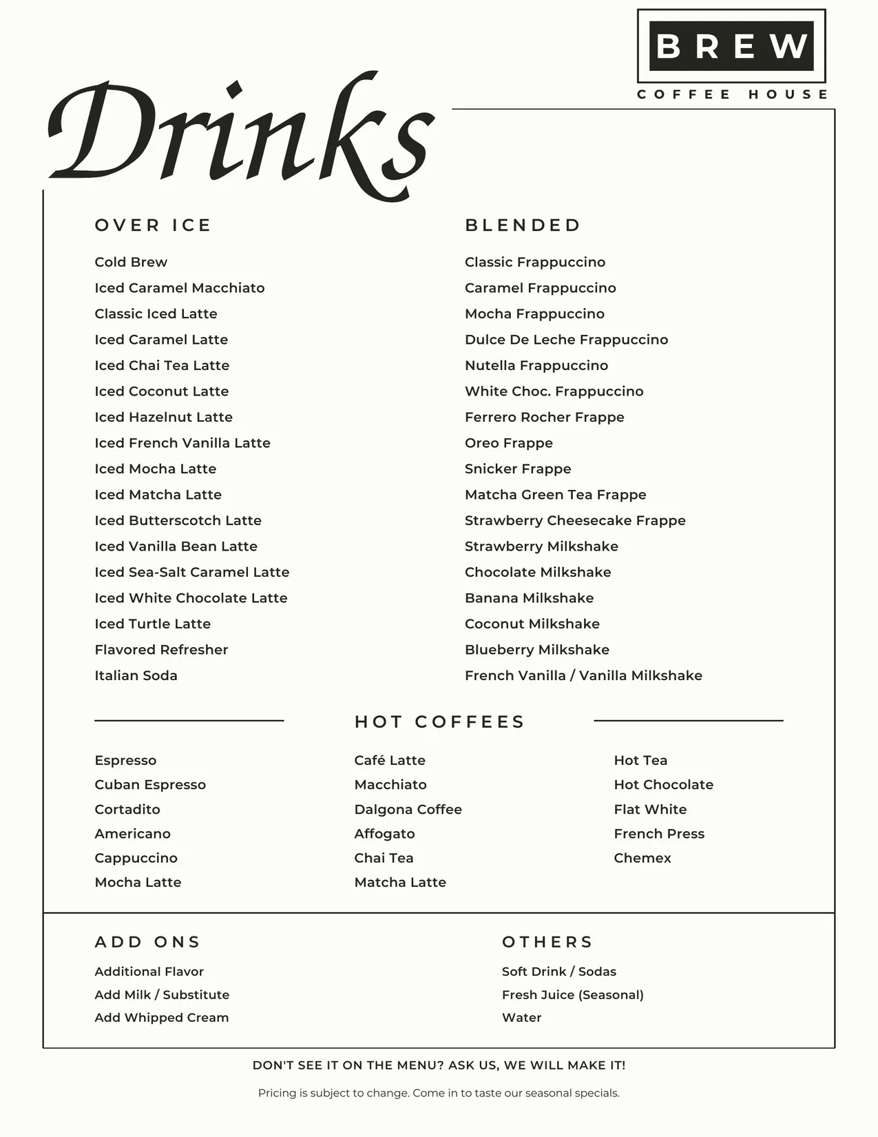 Brew Coffee House drinks menu